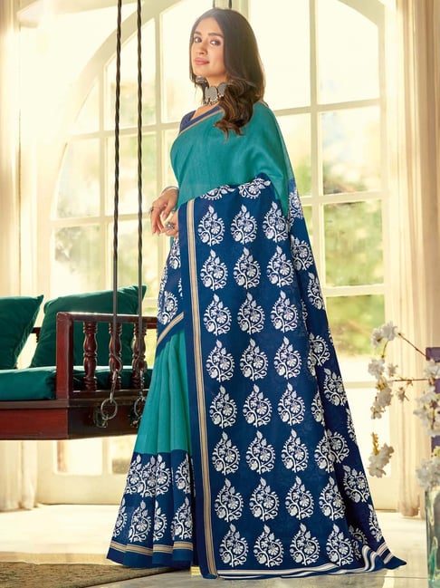 Sky Blue Silk Saree Contrast Blouse Designer for Wedidng