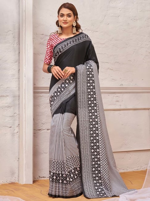 Satin silk saree in white & black – SOS.lk