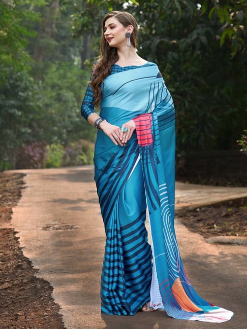 Teal Blue Printed Designer Party Wear Georgette Saree – Fashionfy