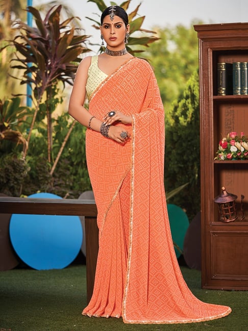 Saree Mall Peach Printed Saree With Unstitched Blouse