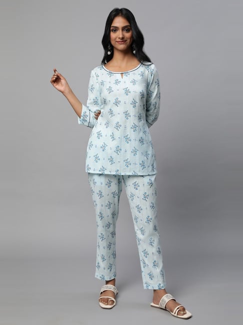 Aurelia Blue Cotton Printed Short Kurti Pant Set