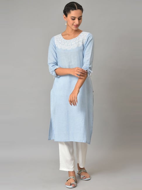 Aurelia Blue Cotton Embroidered Straight Kurta-picture-40