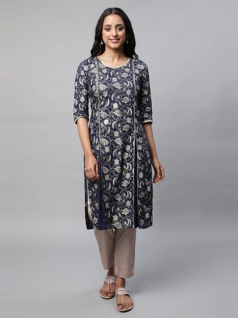 Aurelia Women Blue Festive Floral Print Cotton Kurta-picture-32