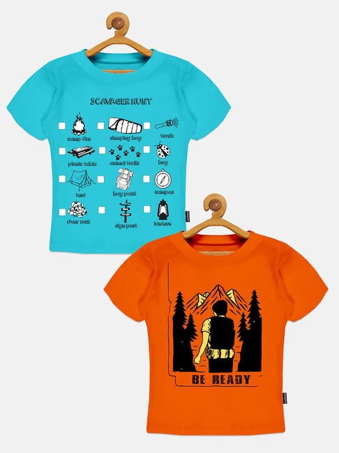 Kiddopanti Kids Aqua Blue & Orange Printed T-Shirt (Pack Of 2)-picture-18
