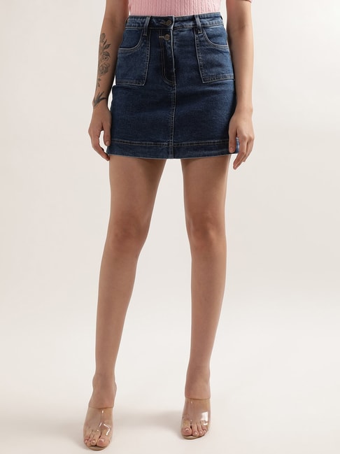 Elle Mid Blue Circular Denim Mini Skirt Price in India