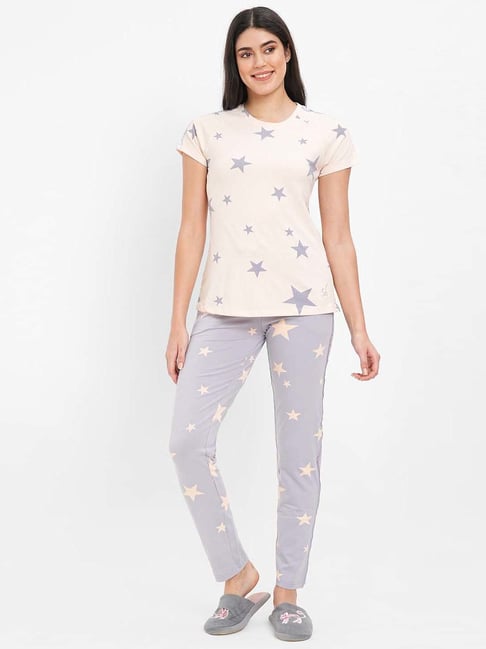 Sweet Dreams White & Grey Cotton Printed Top Pyjama Set