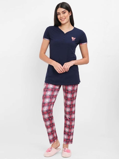 Sweet Dreams Navy & Red Cotton Printed Top Pyjama Set