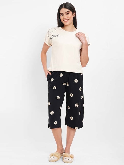 Sweet Dreams Beige & Black Cotton Printed Top Capri Set