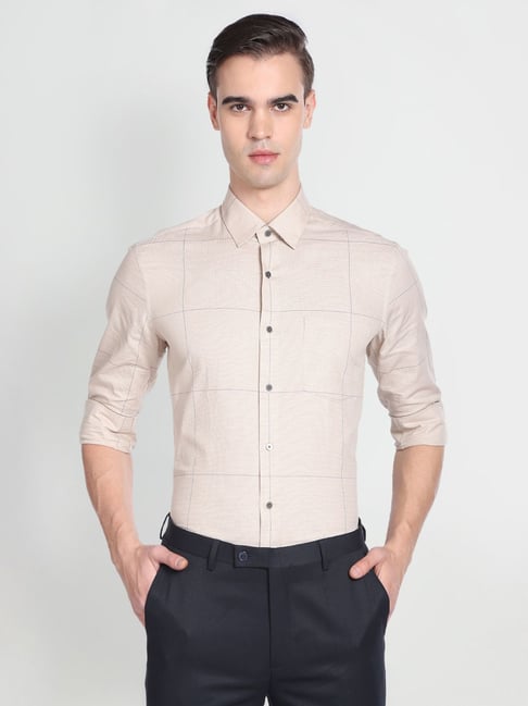 Arrow New York Beige Cotton Slim Fit Checks Shirt