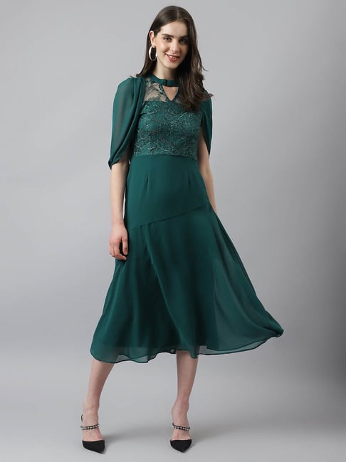 Silky Satin Off Shoulder High Slit Drape Corset Midi Dress - Emerald G –  Luxedress