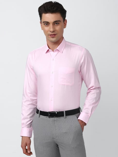 Peter England Pink Slim Fit Self Design Cotton Shirt