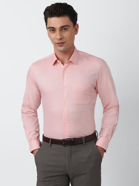 Peter England Pink Slim Fit Self Design Cotton Shirt