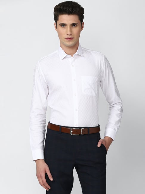 Peter England White Slim Fit Check Cotton Shirt