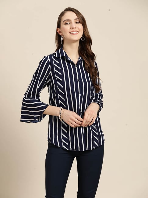 Qurvii Navy Striped Shirt-image-7