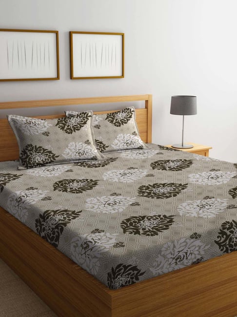 Klotthe Floral Grey 300 TC Cotton Double Bedsheet with 2 Pillow Covers