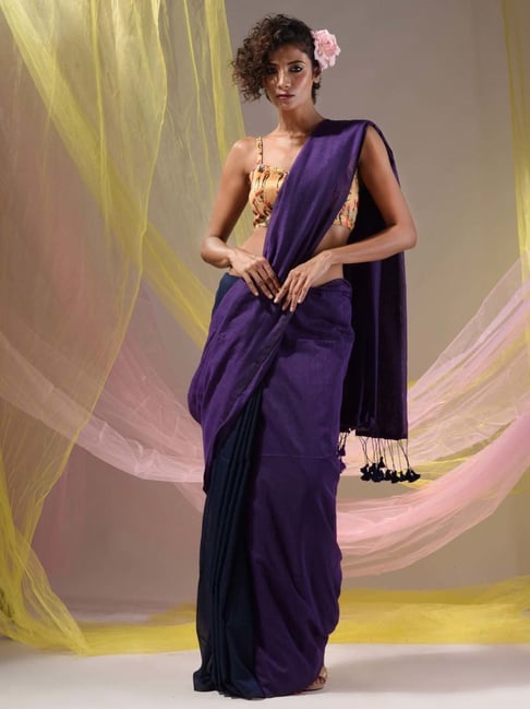 Dark Wine Purple Embellished Floral Sequins Border Saree in Crepe...