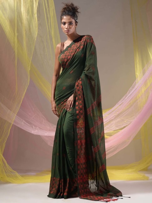 Buy BENGALI KARIGARI Women's Pure Cotton Tant Woven all-over with Zari and  Design Border Jamdani Saree (jamsu001, Orange and Pista Green) at Amazon.in