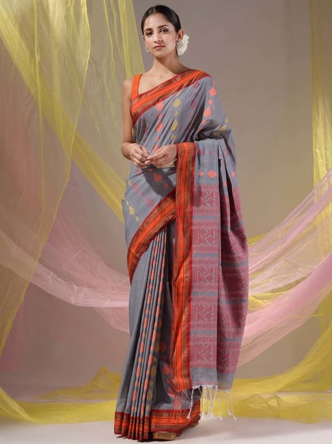 Trendy Pearl Grey Dola Silk Polyester Saree with Red Blouse – Cygnus Fashion