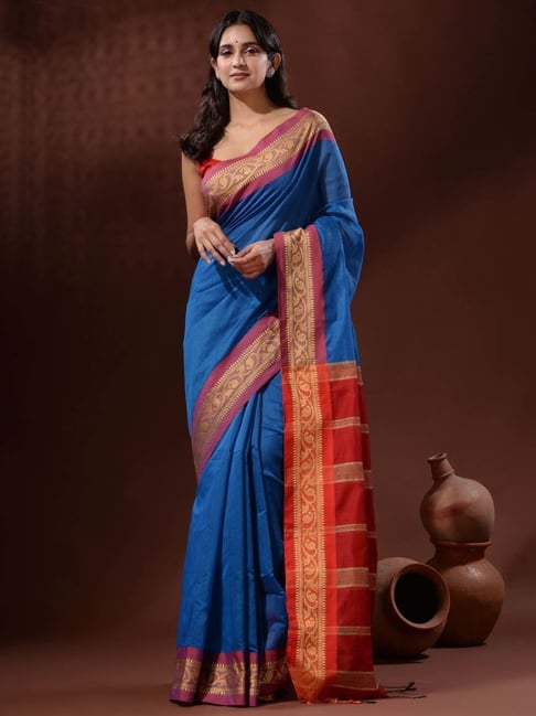 Buy Stunning Red Tussar Silk Saree Online in USA with Blue Zari Pallu –  Pure Elegance