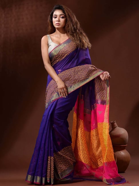 CHARUKRITI Blue & Pink Silk Woven Saree With Unstitched Blouse