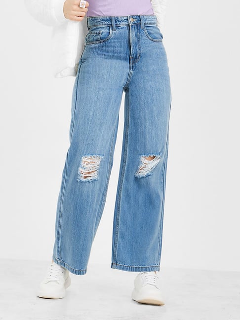 Styli Blue Cotton Distressed High Rise Jeans