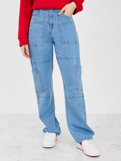 Styli Light Blue Cotton Flared Fit High Rise Jeans