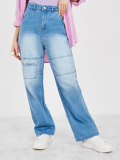 Styli Blue Cotton Flared Fit High Rise Jeans