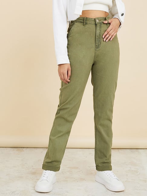 Styli Olive Cotton Flared Fit High Rise Jeans