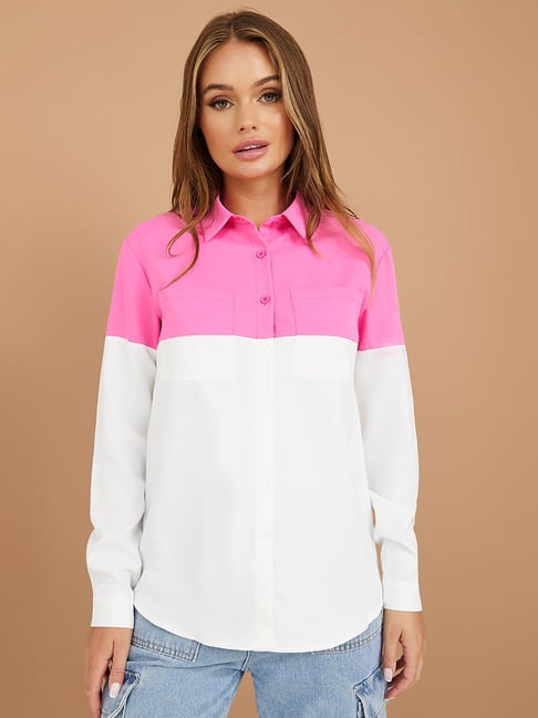 Styli Pink & White Color-Block Shirt Price in India