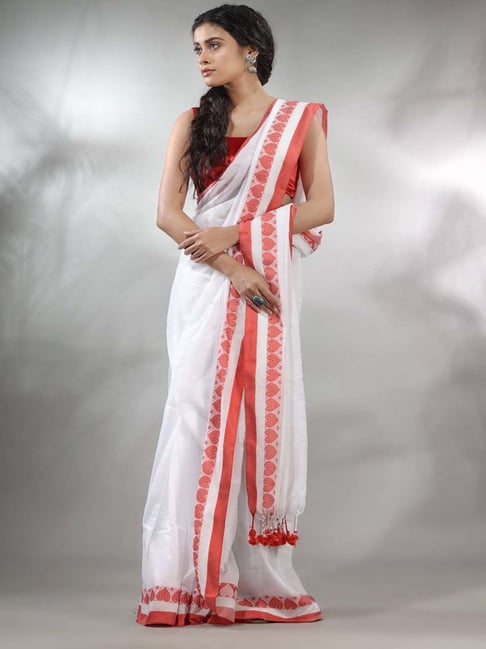 Buy White Handwoven Dongria Khadi Cotton Saree Online – RODDUR