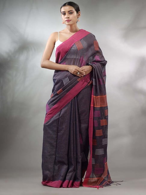 CHARUKRITI Grey Woven Saree With Unstitched Blouse-image-26