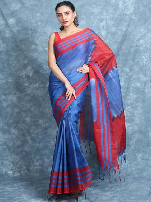 CHARUKRITI Blue & Red Cotton Striped Saree With Unstitched Blouse Price in India