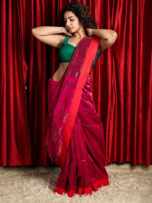 CHARUKRITI Maroon Woven Saree With Unstitched Blouse Price in India
