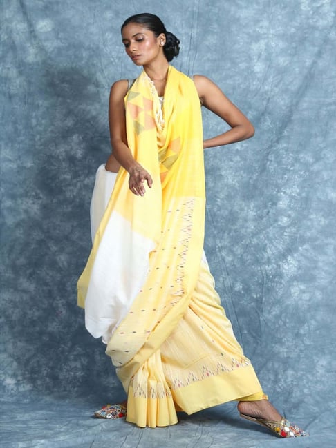 CHARUKRITI White & Yellow Cotton Woven Saree With Unstitched Blouse Price in India