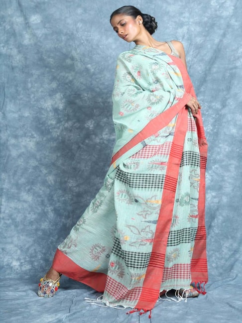 CHARUKRITI Ocean Green Cotton Woven Saree With Unstitched Blouse Price in India