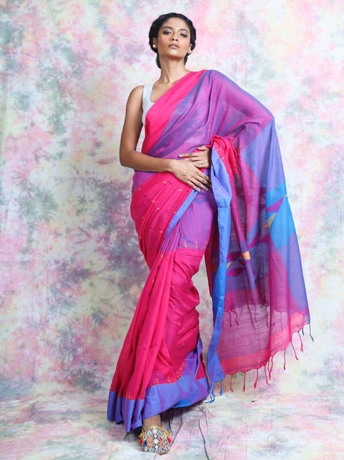 CHARUKRITI Pink & Blue Cotton Woven Saree With Unstitched Blouse Price in India
