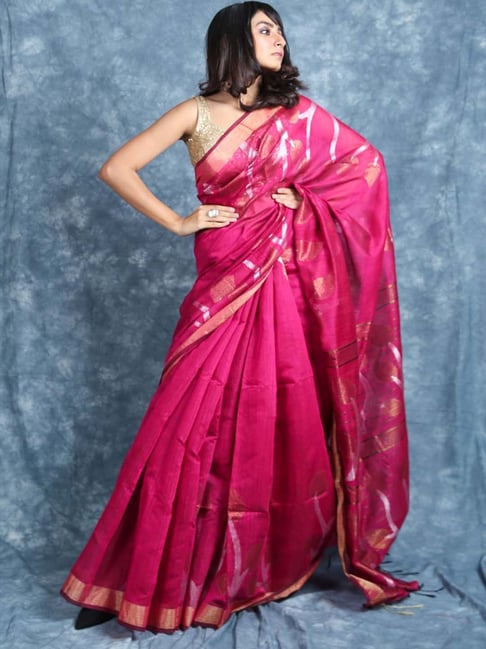 CHARUKRITI Pink Cotton Woven Saree With Unstitched Blouse Price in India