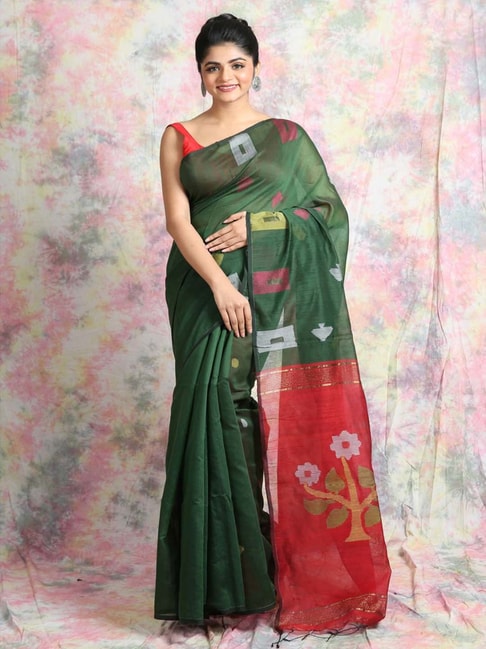 CHARUKRITI Pine Green Cotton Woven Saree With Unstitched Blouse Price in India