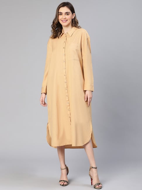 Oxolloxo Beige Linen Regular Fit Shirt Dress Price in India