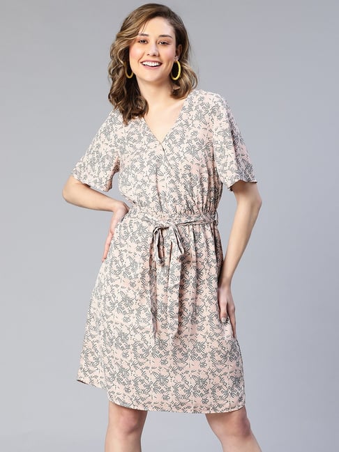 Oxolloxo Dusty Pink Printed Wrap Dress Price in India