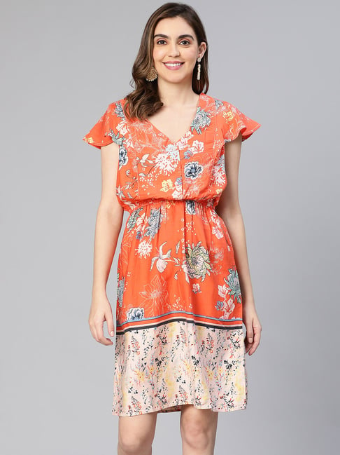 Oxolloxo Orange Floral Print Fit & Flare Dress Price in India