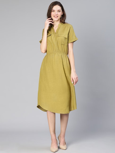 Oxolloxo Green Linen Midi Fit & Flare Dress Price in India