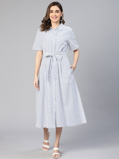 Oxolloxo Blue & White Cotton Striped Shirt Dress Price in India