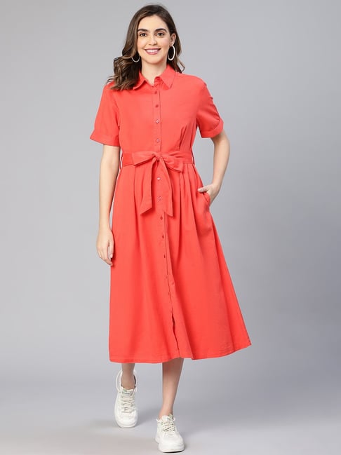 Oxolloxo Red Linen Regular Fit Shirt Dress Price in India