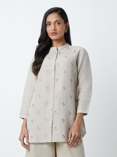 Zuba by Westside Light Beige Floral-Embroidered A-Line Kurti Price in India