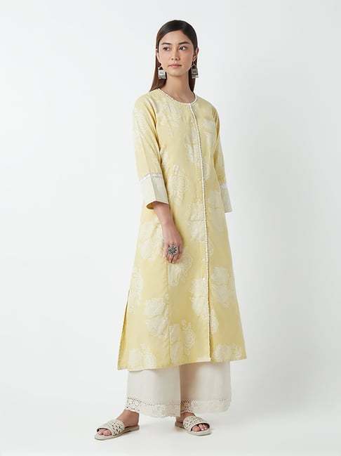 Utsa by Westside Light Yellow Floral-Printed A-Line Kurta Price in India