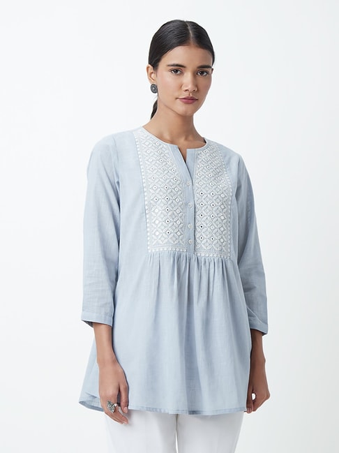 Utsa by Westside Light Blue Embroidered Straight Kurti Price in India