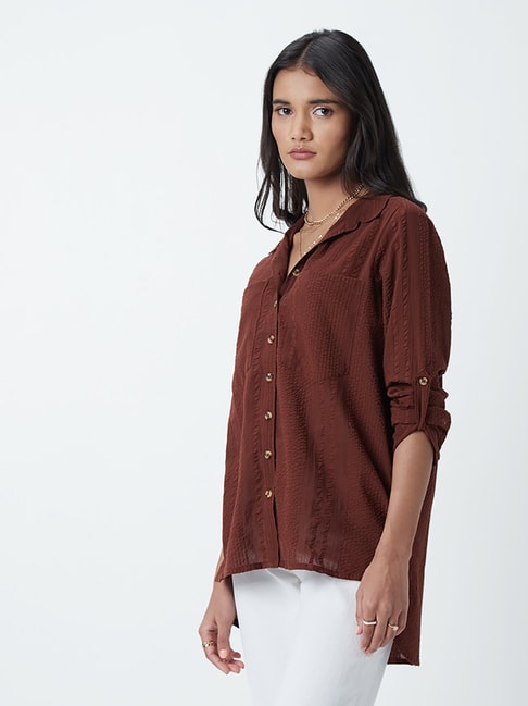 LOV by Westside Dark Brown High-Low Shirt Price in India