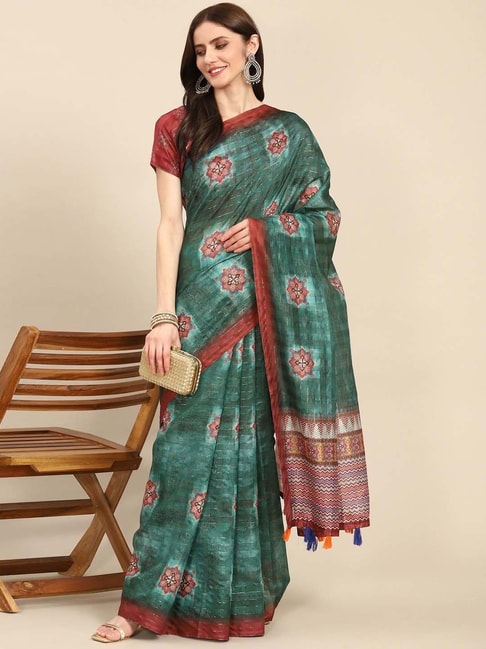 READIPRINT FASHIONS Green Printed Saree With Unstitched Blouse Price in India
