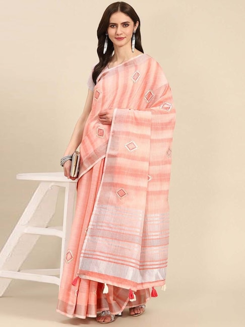 READIPRINT FASHIONS Peach Cotton Embroidered Saree With Unstitched Blouse Price in India